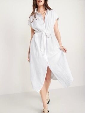 Old Navy Women's White Button-Front Tie-Waist Shirt Dress